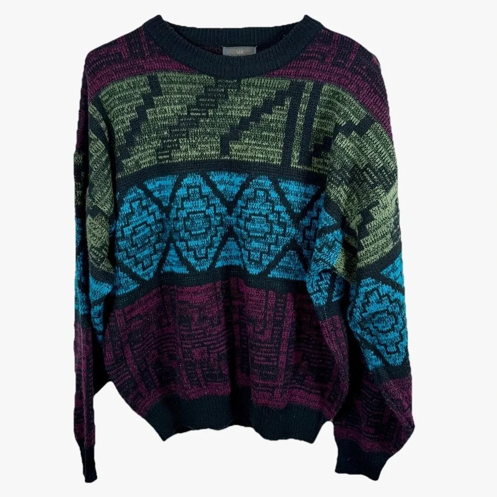 Vintage 90s Sir William Sweater Men L Geometric Southwestern Teal‎ Purple Retro